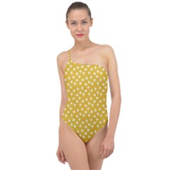 Saffron Yellow White Floral Pattern Classic One Shoulder Swimsuit by SpinnyChairDesigns