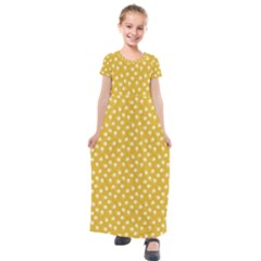 Saffron Yellow White Floral Pattern Kids  Short Sleeve Maxi Dress by SpinnyChairDesigns