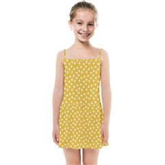 Saffron Yellow White Floral Pattern Kids  Summer Sun Dress by SpinnyChairDesigns