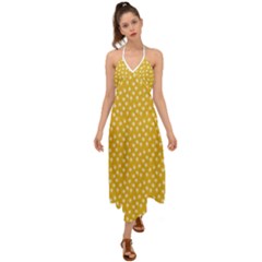 Saffron Yellow White Floral Pattern Halter Tie Back Dress  by SpinnyChairDesigns