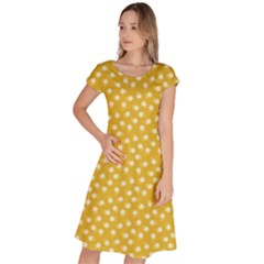 Saffron Yellow White Floral Pattern Classic Short Sleeve Dress by SpinnyChairDesigns
