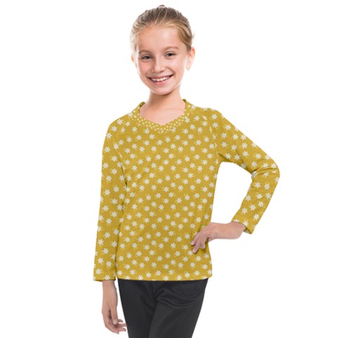 Saffron Yellow White Floral Pattern Kids  Long Mesh Tee by SpinnyChairDesigns