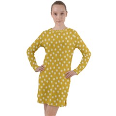 Saffron Yellow White Floral Pattern Long Sleeve Hoodie Dress by SpinnyChairDesigns
