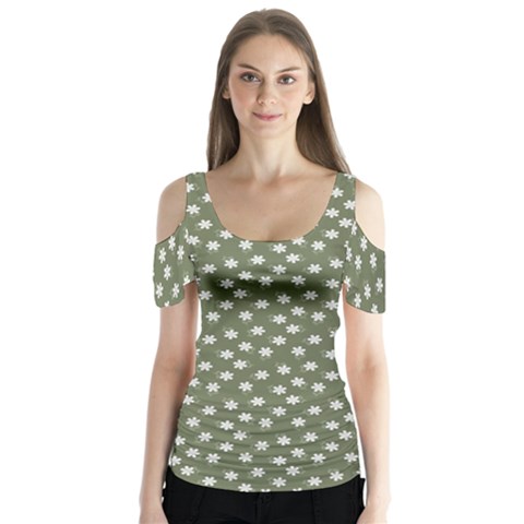 Sage Green White Floral Print Butterfly Sleeve Cutout Tee  by SpinnyChairDesigns