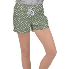 Sage Green White Floral Print Velour Lounge Shorts by SpinnyChairDesigns