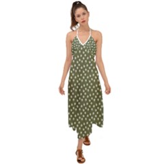 Sage Green White Floral Print Halter Tie Back Dress  by SpinnyChairDesigns