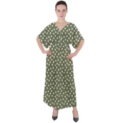 Sage Green White Floral Print V-neck Boho Style Maxi Dress by SpinnyChairDesigns