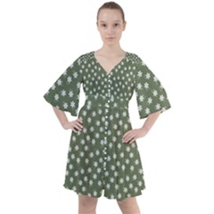Sage Green White Floral Print Boho Button Up Dress by SpinnyChairDesigns