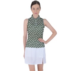 Sage Green White Floral Print Women s Sleeveless Polo Tee by SpinnyChairDesigns