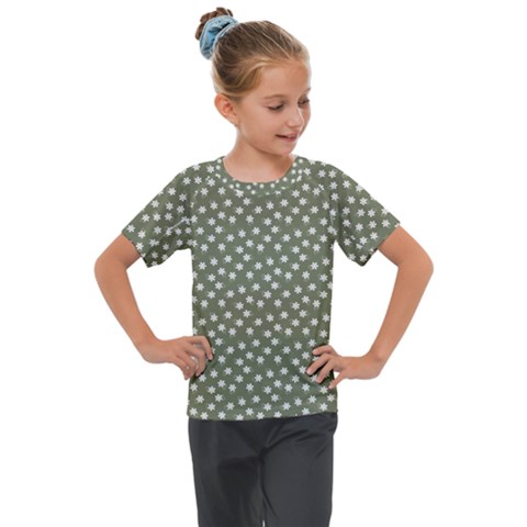 Sage Green White Floral Print Kids  Mesh Piece Tee by SpinnyChairDesigns