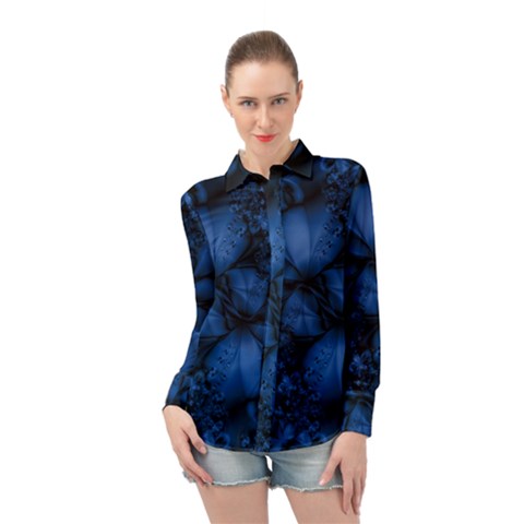 Dark Blue Abstract Pattern Long Sleeve Chiffon Shirt by SpinnyChairDesigns