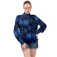 Dark Blue Abstract Pattern High Neck Long Sleeve Chiffon Top by SpinnyChairDesigns