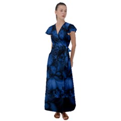 Dark Blue Abstract Pattern Flutter Sleeve Maxi Dress by SpinnyChairDesigns