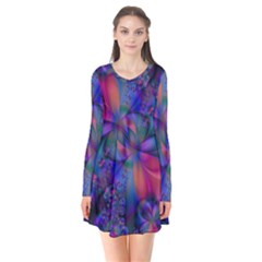Abstract Floral Art Print Long Sleeve V-neck Flare Dress by SpinnyChairDesigns