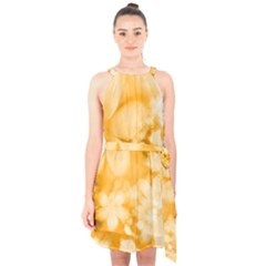 Saffron Yellow Watercolor Floral Print Halter Collar Waist Tie Chiffon Dress by SpinnyChairDesigns