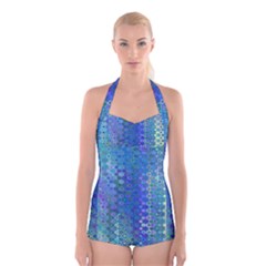 Boho Blue Wildflower Print Boyleg Halter Swimsuit  by SpinnyChairDesigns