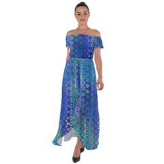 Boho Blue Wildflower Print Off Shoulder Open Front Chiffon Dress by SpinnyChairDesigns