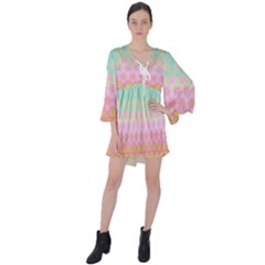 Boho Retro Pastel Floral Pattern V-neck Flare Sleeve Mini Dress by SpinnyChairDesigns
