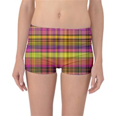 Pink Yellow Madras Plaid Reversible Boyleg Bikini Bottoms by SpinnyChairDesigns