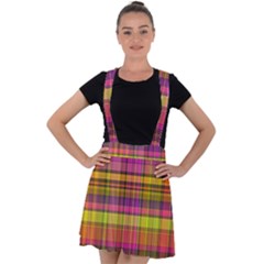 Pink Yellow Madras Plaid Velvet Suspender Skater Skirt by SpinnyChairDesigns