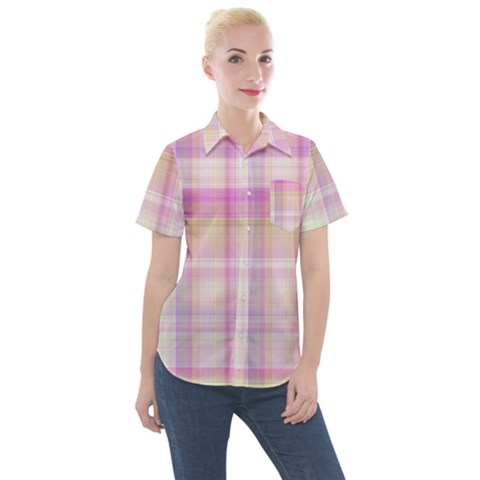 Pink Madras Plaid Women s Short Sleeve Pocket Shirt by SpinnyChairDesigns