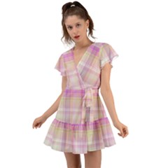 Pink Madras Plaid Flutter Sleeve Wrap Dress