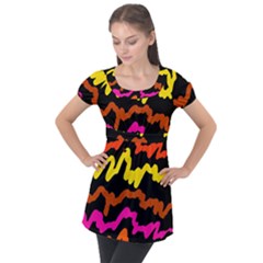 Multicolored Scribble Abstract Pattern Puff Sleeve Tunic Top by dflcprintsclothing