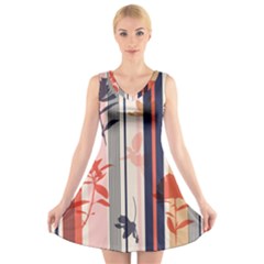 Stripies Orange Floral Pattern V-neck Sleeveless Dress by designsbymallika
