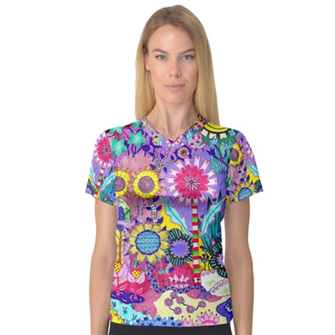 Double Sunflower Abstract V-neck Sport Mesh Tee by okhismakingart