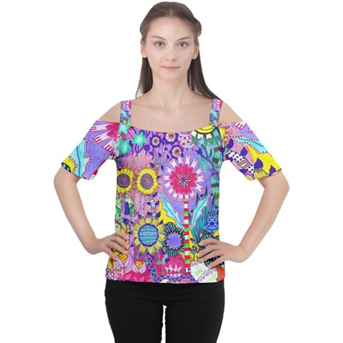 Double Sunflower Abstract Cutout Shoulder Tee by okhismakingart