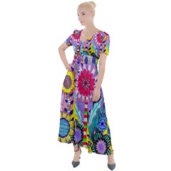 Double Sunflower Abstract Button Up Short Sleeve Maxi Dress by okhismakingart