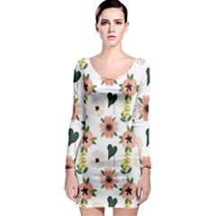 Flower White Pattern Floral Long Sleeve Bodycon Dress