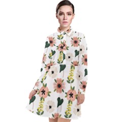 Flower White Pattern Floral Long Sleeve Chiffon Shirt Dress