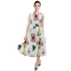 Flower White Pattern Floral Round Neck Boho Dress