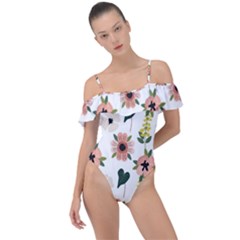 Flower White Pattern Floral Frill Detail One Piece Swimsuit by Alisyart