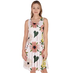 Flower White Pattern Floral Knee Length Skater Dress With Pockets