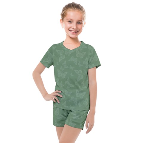 Asparagus Green Butterfly Print Kids  Mesh Tee And Shorts Set by SpinnyChairDesigns