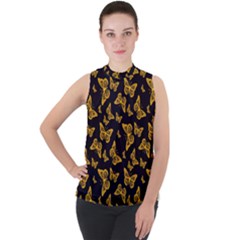 Black Gold Butterfly Print Mock Neck Chiffon Sleeveless Top by SpinnyChairDesigns