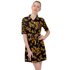 Black Gold Butterfly Print Belted Shirt Dress by SpinnyChairDesigns