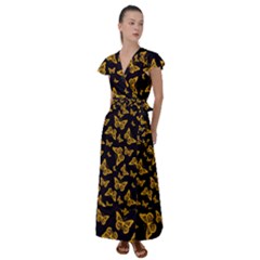 Black Gold Butterfly Print Flutter Sleeve Maxi Dress by SpinnyChairDesigns