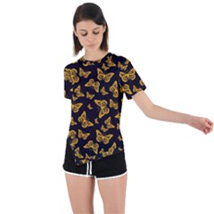 Black Gold Butterfly Print Asymmetrical Short Sleeve Sports Tee by SpinnyChairDesigns