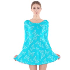 Aqua Blue Butterfly Print Long Sleeve Velvet Skater Dress by SpinnyChairDesigns