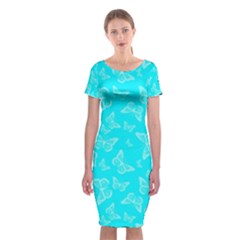 Aqua Blue Butterfly Print Classic Short Sleeve Midi Dress