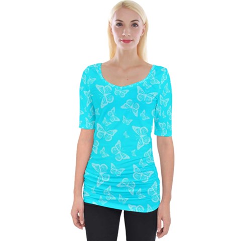 Aqua Blue Butterfly Print Wide Neckline Tee by SpinnyChairDesigns