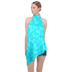 Aqua Blue Butterfly Print Halter Asymmetric Satin Top by SpinnyChairDesigns