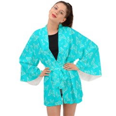 Aqua Blue Butterfly Print Long Sleeve Kimono