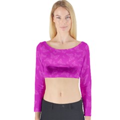 Fuchsia Butterfly Print  Long Sleeve Crop Top by SpinnyChairDesigns