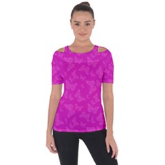 Fuchsia Butterfly Print  Shoulder Cut Out Short Sleeve Top by SpinnyChairDesigns