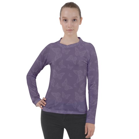 Grape Compote Butterfly Print Women s Pique Long Sleeve Tee by SpinnyChairDesigns