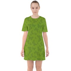 Avocado Green Butterfly Print Sixties Short Sleeve Mini Dress